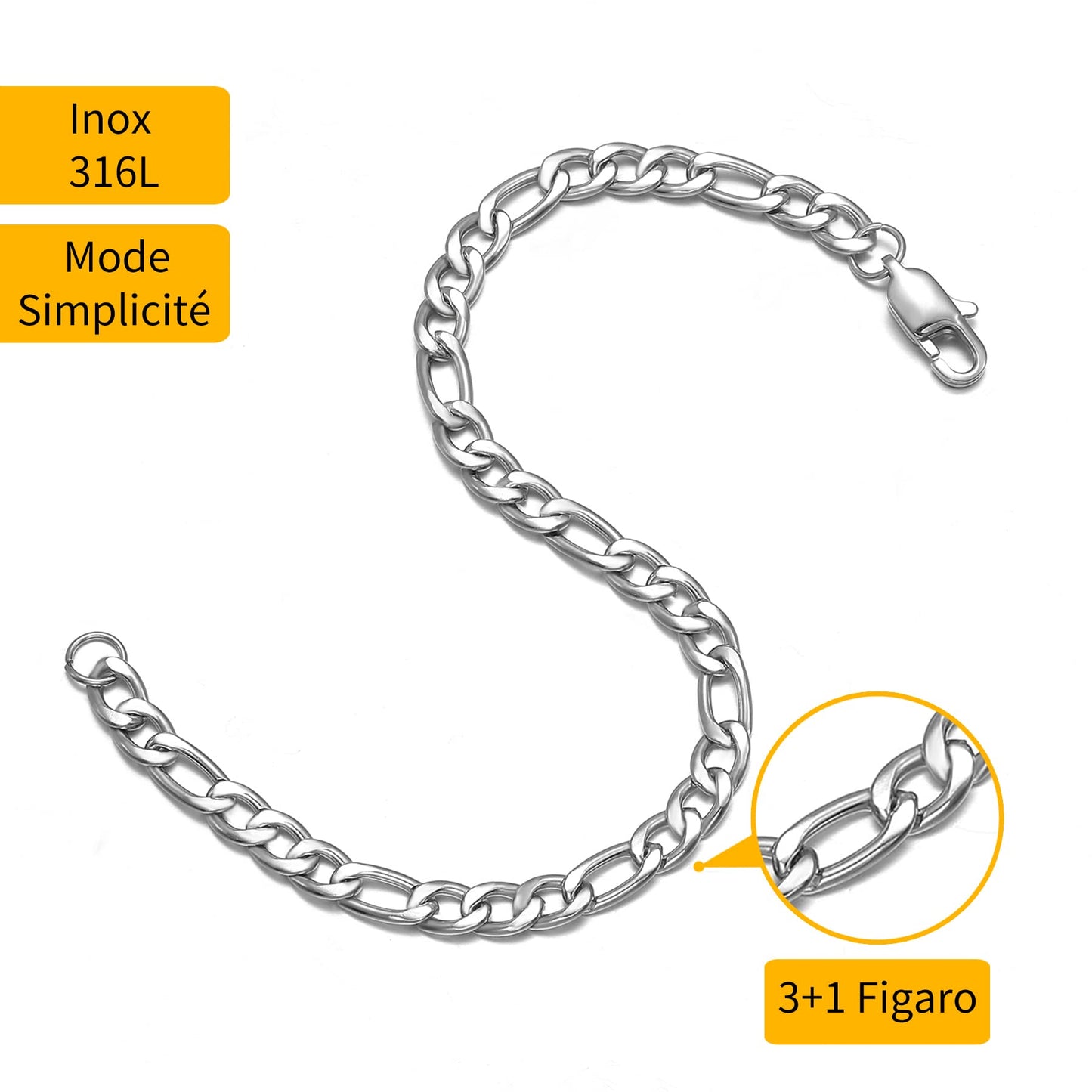 AFSTALR Bracelets Gourmette Homme Argent/Or Figaro 1+3 Chaîne Bracelet Homme Acier Largeur 6mm/9mm,Longueur 19mm/21mm