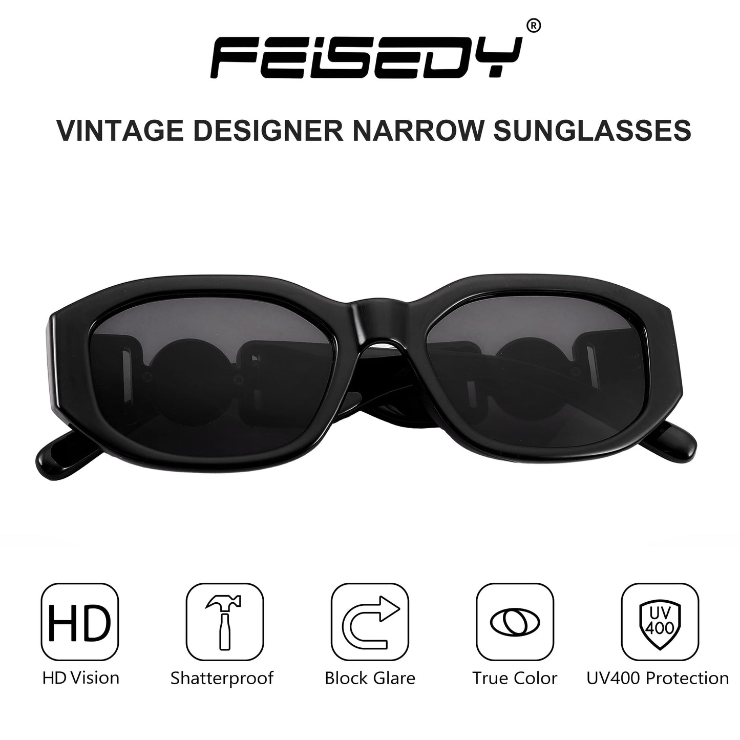 FEISEDY Vintage Lunettes de Soleil Rectangulaires pour Femmes Hommes Rétro Années 90 Petites Lunettes Carrées Étroites avec Protection UV400 B2322